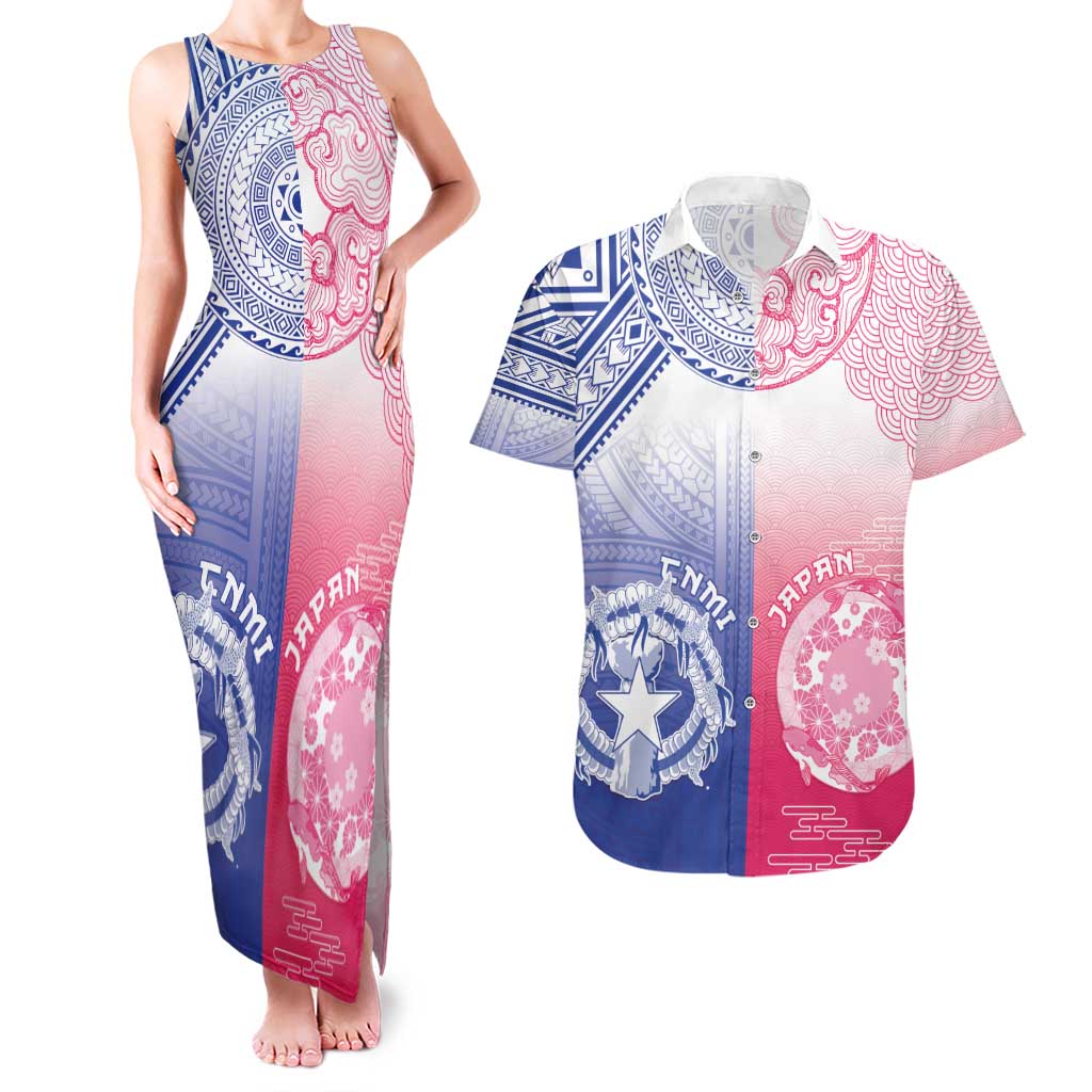 Custom Northern Mariana Islands And Japan Together Couples Matching Tank Maxi Dress and Hawaiian Shirt LT05 White - Polynesian Pride