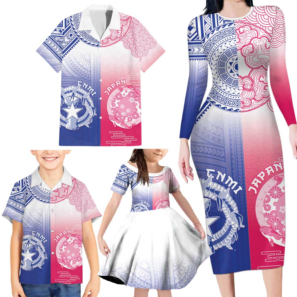 Custom Northern Mariana Islands And Japan Together Family Matching Long Sleeve Bodycon Dress and Hawaiian Shirt LT05 - Polynesian Pride