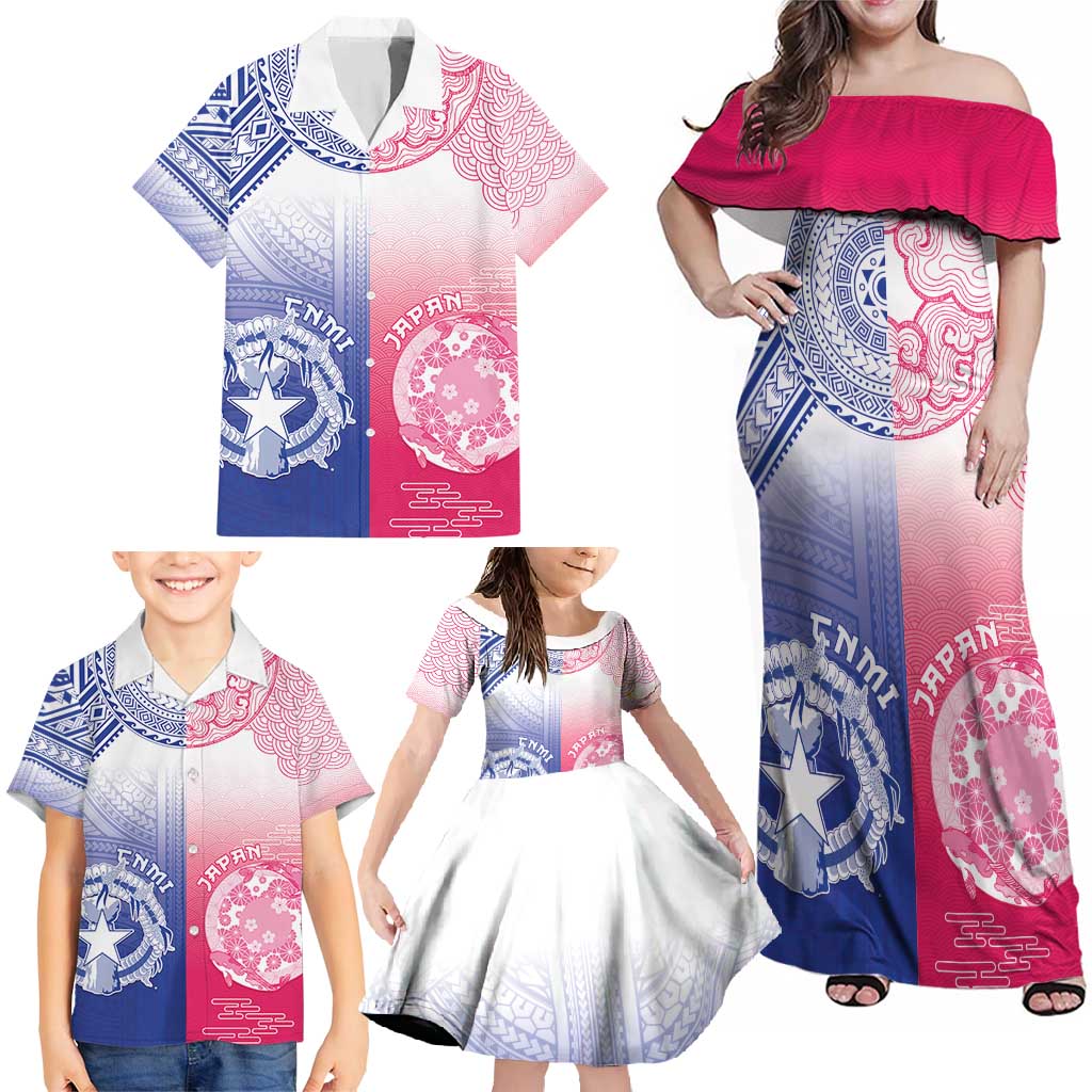 Custom Northern Mariana Islands And Japan Together Family Matching Off Shoulder Maxi Dress and Hawaiian Shirt LT05 - Polynesian Pride