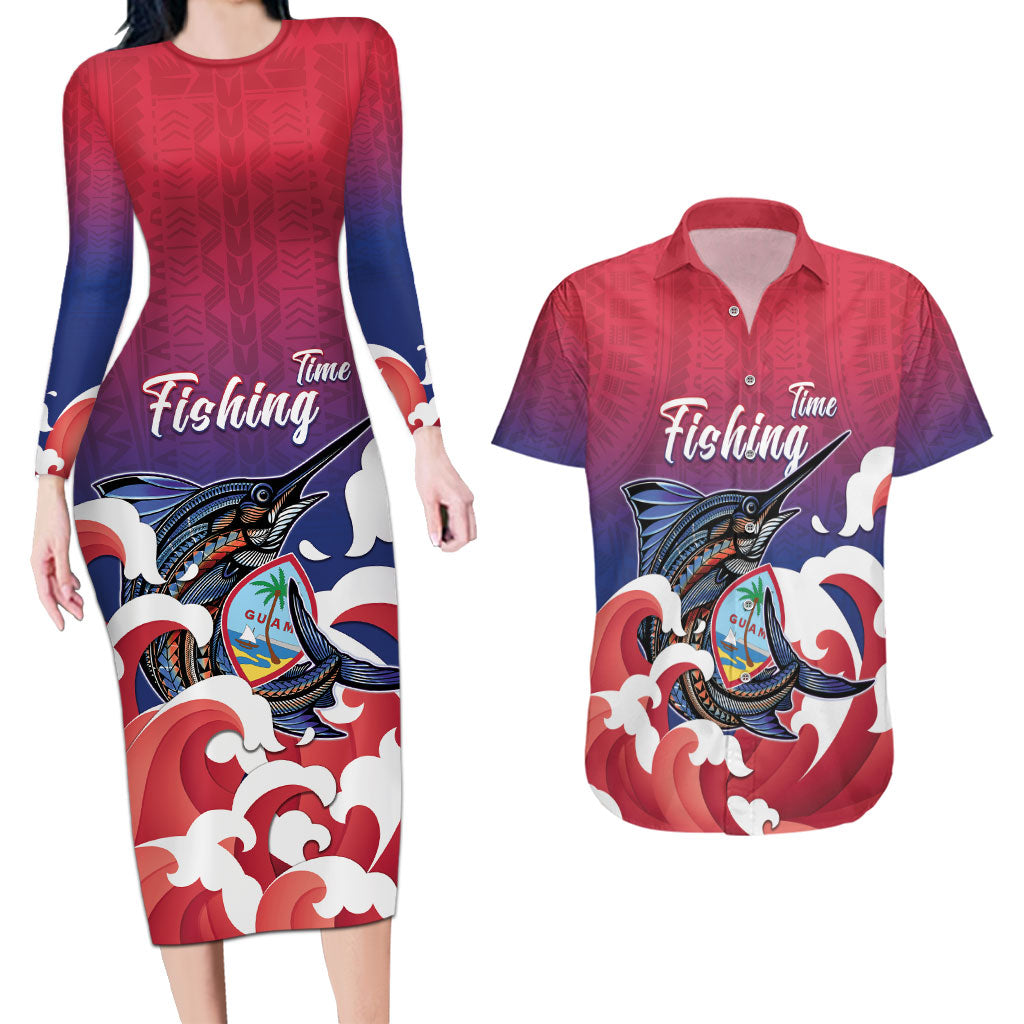 Guam Blue Marlin Fishing Couples Matching Long Sleeve Bodycon Dress and Hawaiian Shirt Polynesian Style LT05 Red - Polynesian Pride
