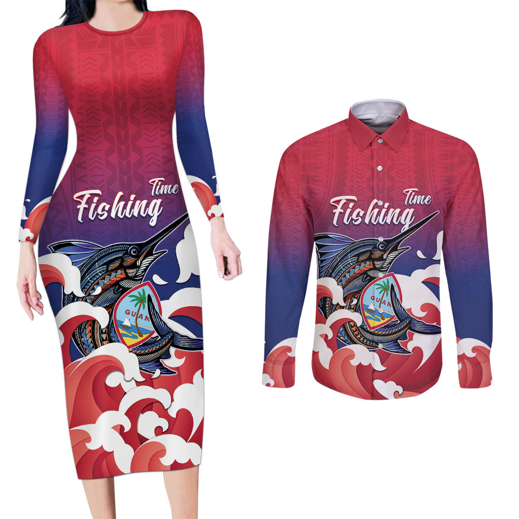 Guam Blue Marlin Fishing Couples Matching Long Sleeve Bodycon Dress and Long Sleeve Button Shirt Polynesian Style LT05 Red - Polynesian Pride