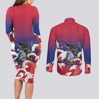 Guam Blue Marlin Fishing Couples Matching Long Sleeve Bodycon Dress and Long Sleeve Button Shirt Polynesian Style LT05 - Polynesian Pride