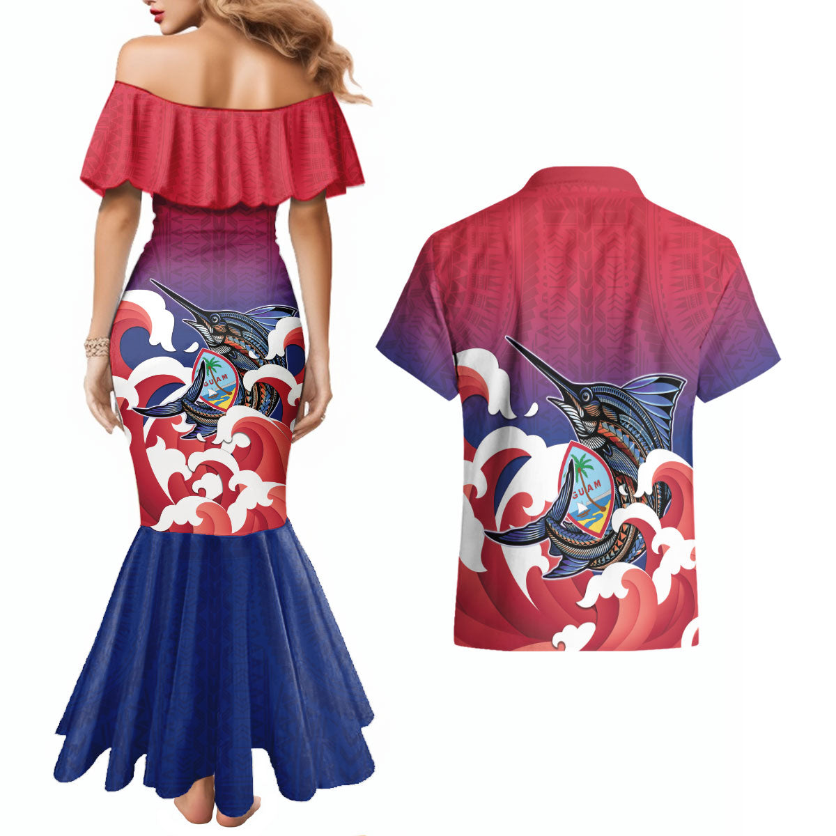 Guam Blue Marlin Fishing Couples Matching Mermaid Dress and Hawaiian Shirt Polynesian Style LT05 - Polynesian Pride