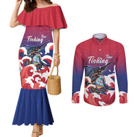 Guam Blue Marlin Fishing Couples Matching Mermaid Dress and Long Sleeve Button Shirt Polynesian Style LT05 Red - Polynesian Pride
