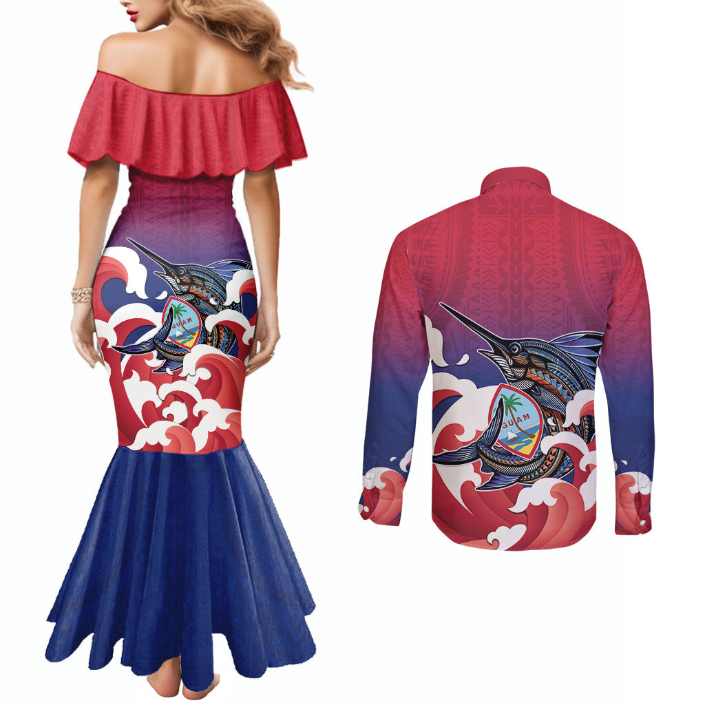 Guam Blue Marlin Fishing Couples Matching Mermaid Dress and Long Sleeve Button Shirt Polynesian Style LT05 - Polynesian Pride
