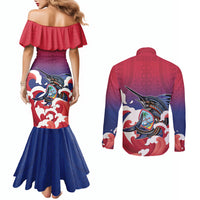 Guam Blue Marlin Fishing Couples Matching Mermaid Dress and Long Sleeve Button Shirt Polynesian Style LT05 - Polynesian Pride