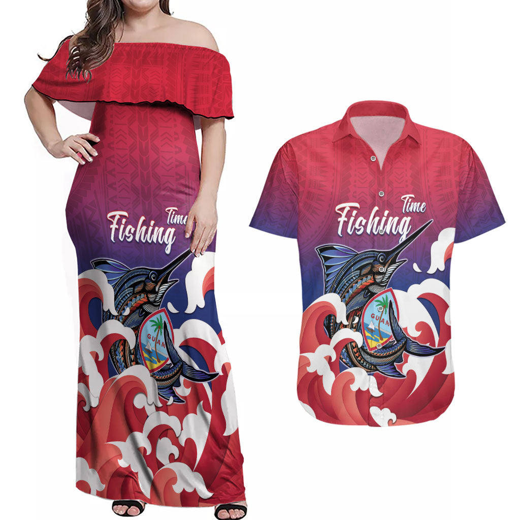 Guam Blue Marlin Fishing Couples Matching Off Shoulder Maxi Dress and Hawaiian Shirt Polynesian Style LT05 Red - Polynesian Pride