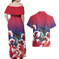 Guam Blue Marlin Fishing Couples Matching Off Shoulder Maxi Dress and Hawaiian Shirt Polynesian Style LT05 - Polynesian Pride
