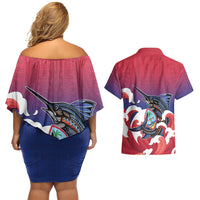 Guam Blue Marlin Fishing Couples Matching Off Shoulder Short Dress and Hawaiian Shirt Polynesian Style LT05 - Polynesian Pride