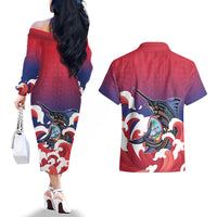 Guam Blue Marlin Fishing Couples Matching Off The Shoulder Long Sleeve Dress and Hawaiian Shirt Polynesian Style LT05 - Polynesian Pride