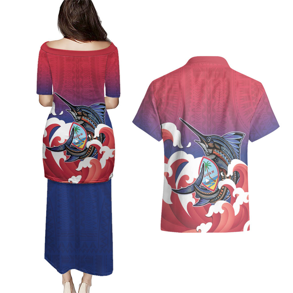 Guam Blue Marlin Fishing Couples Matching Puletasi and Hawaiian Shirt Polynesian Style