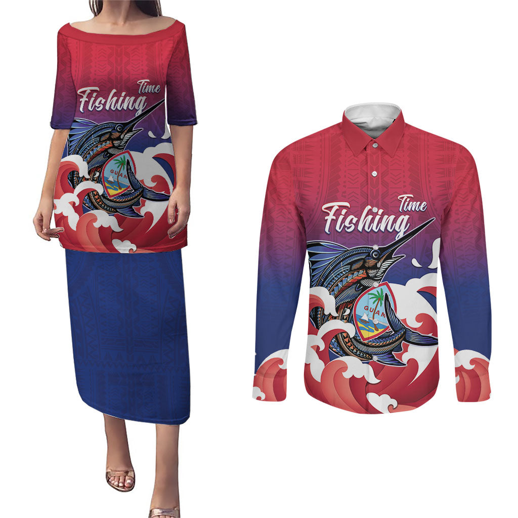 Guam Blue Marlin Fishing Couples Matching Puletasi and Long Sleeve Button Shirt Polynesian Style