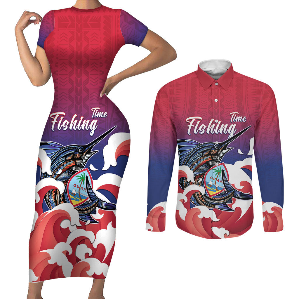 Guam Blue Marlin Fishing Couples Matching Short Sleeve Bodycon Dress and Long Sleeve Button Shirt Polynesian Style LT05 Red - Polynesian Pride