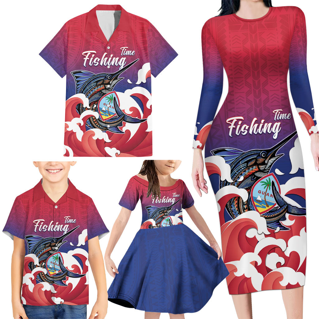 Guam Blue Marlin Fishing Family Matching Long Sleeve Bodycon Dress and Hawaiian Shirt Polynesian Style LT05 - Polynesian Pride