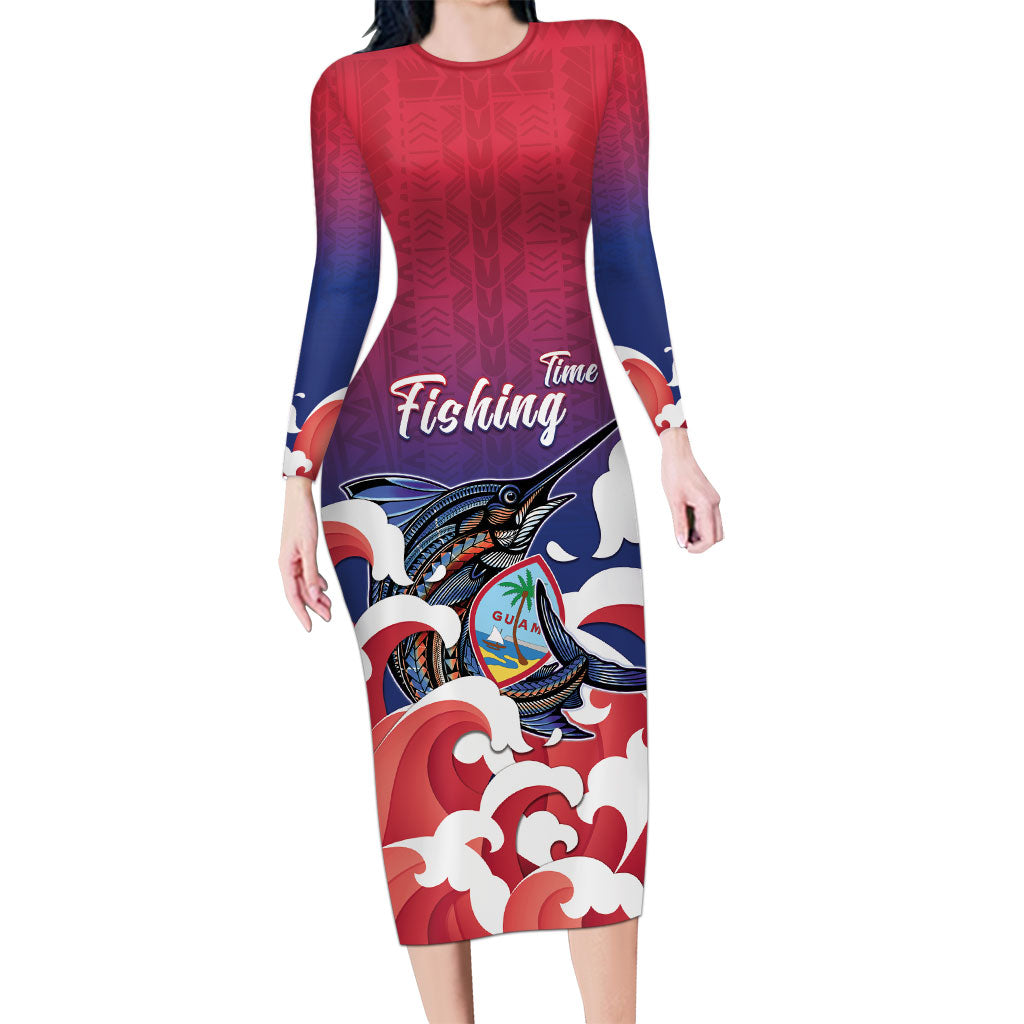 Guam Blue Marlin Fishing Family Matching Long Sleeve Bodycon Dress and Hawaiian Shirt Polynesian Style LT05 Mom's Dress Red - Polynesian Pride