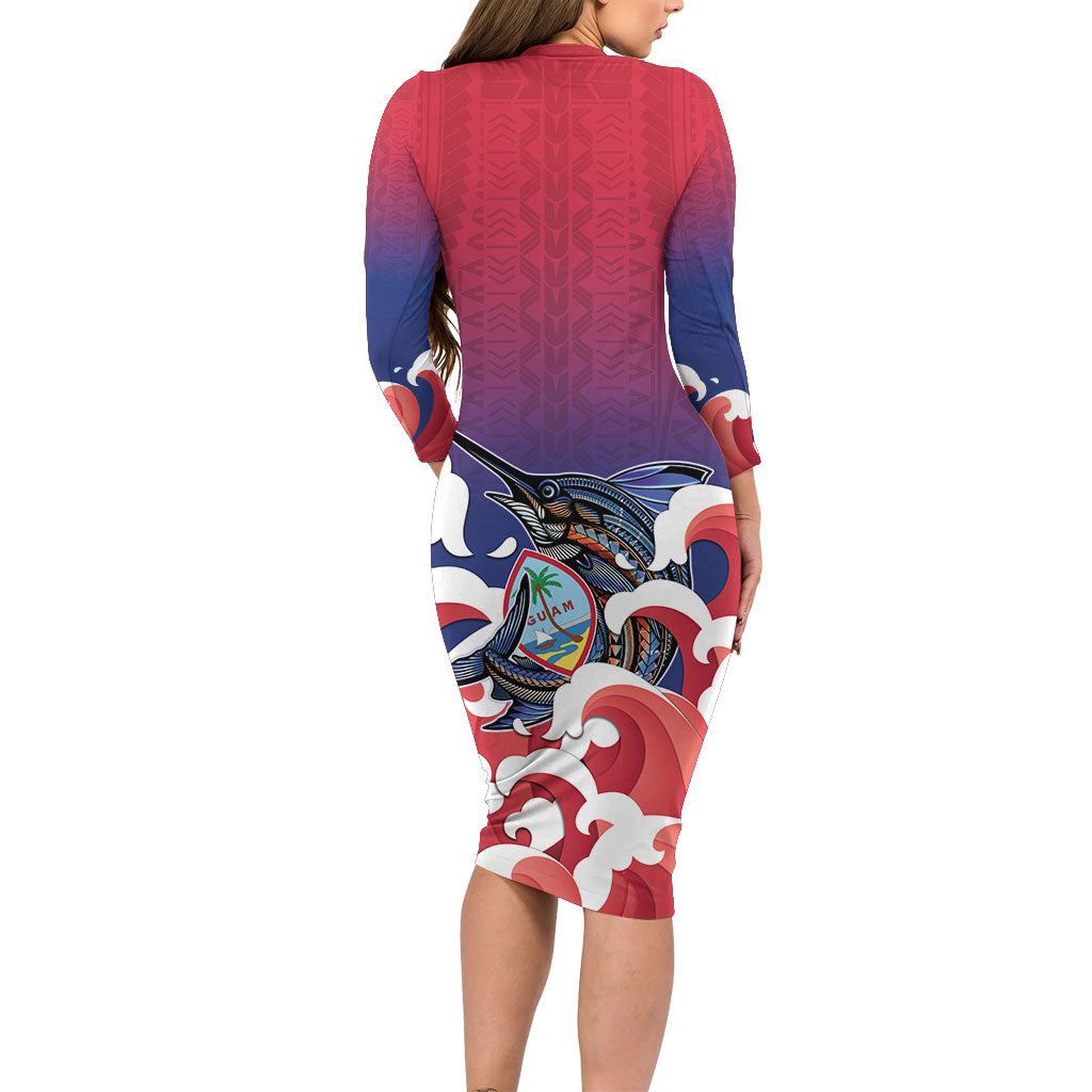 Guam Blue Marlin Fishing Family Matching Long Sleeve Bodycon Dress and Hawaiian Shirt Polynesian Style LT05 - Polynesian Pride