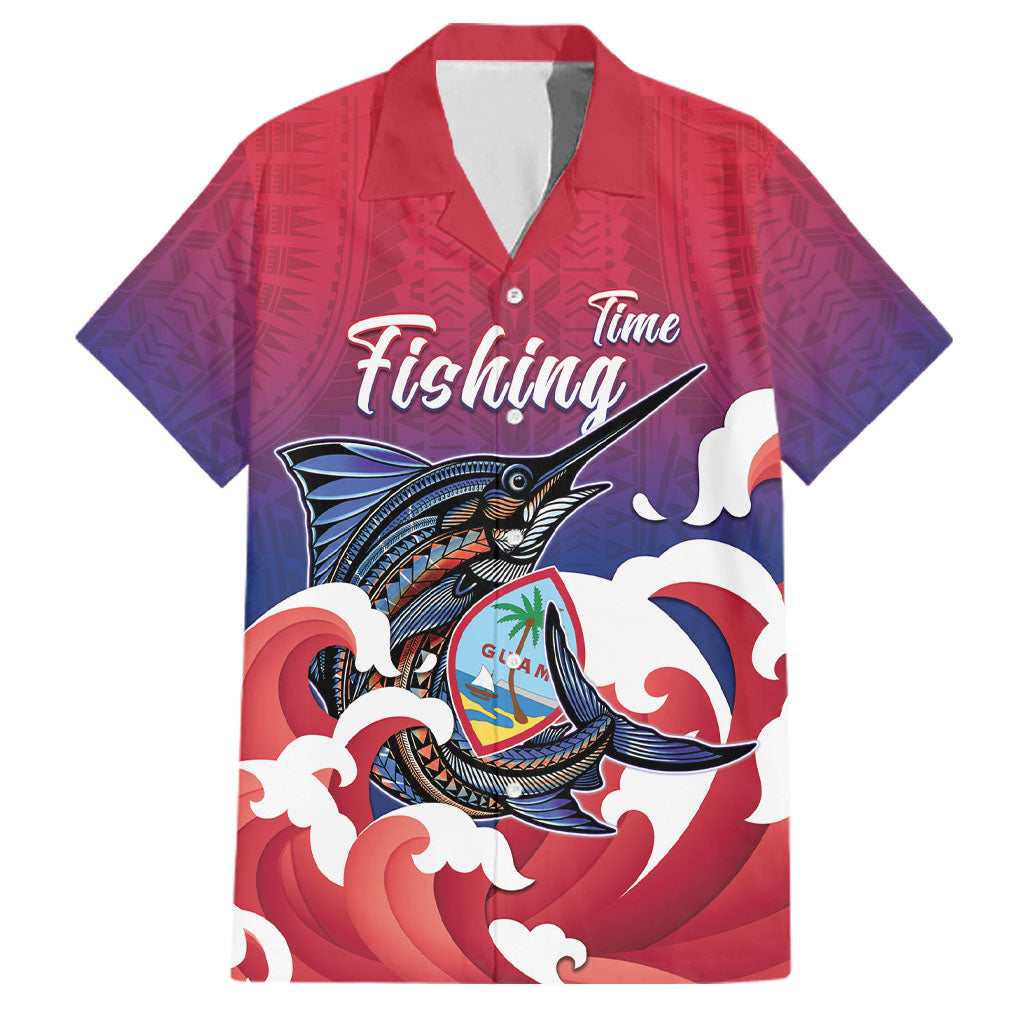 Guam Blue Marlin Fishing Family Matching Off The Shoulder Long Sleeve Dress and Hawaiian Shirt Polynesian Style LT05 Dad's Shirt - Short Sleeve Red - Polynesian Pride