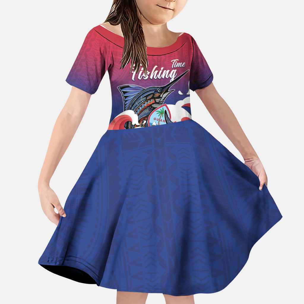 Guam Blue Marlin Fishing Family Matching Puletasi and Hawaiian Shirt Polynesian Style LT05 Daughter's Dress Red - Polynesian Pride