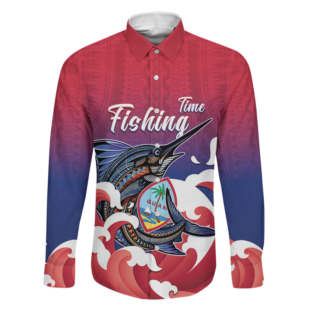 Guam Blue Marlin Fishing Family Matching Puletasi and Hawaiian Shirt Polynesian Style LT05 Dad's Shirt - Long Sleeve Red - Polynesian Pride