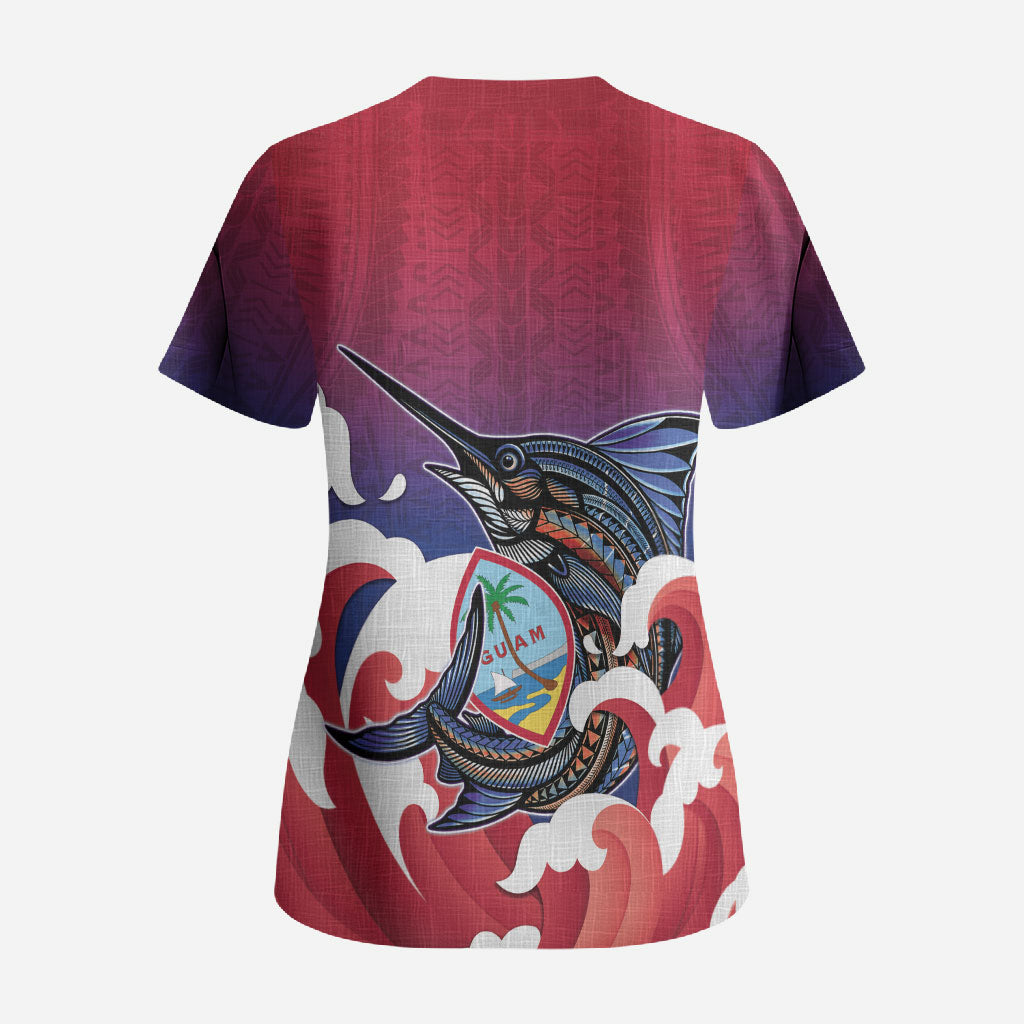 Guam Blue Marlin Fishing Scrub Top Polynesian Style