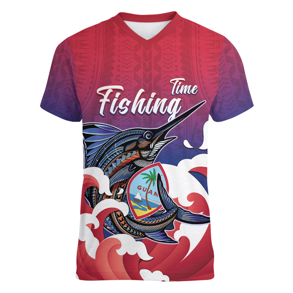 Guam Blue Marlin Fishing Women V-Neck T-Shirt Polynesian Style
