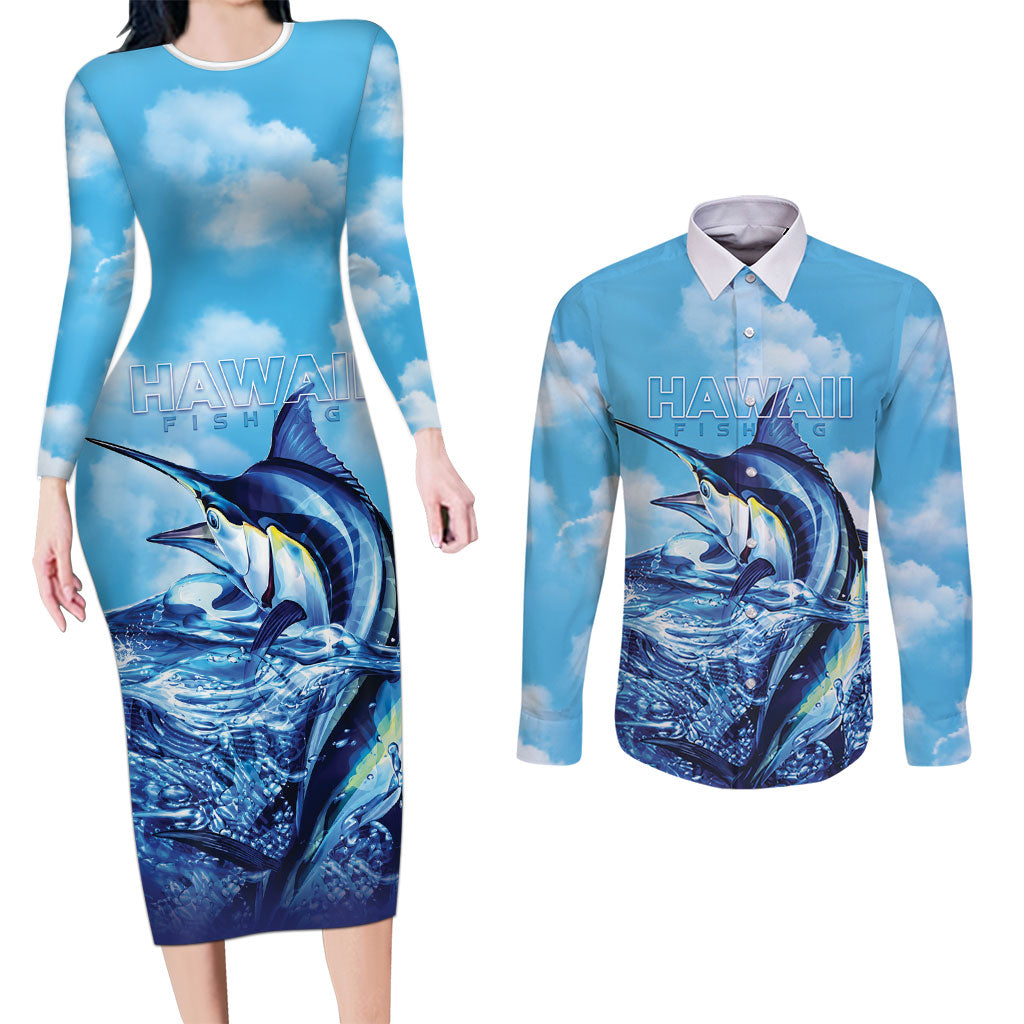 Hawaii Blue Marlin Fishing Couples Matching Long Sleeve Bodycon Dress and Long Sleeve Button Shirt