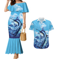 Hawaii Blue Marlin Fishing Couples Matching Mermaid Dress and Hawaiian Shirt LT05 Blue - Polynesian Pride