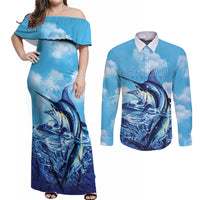 Hawaii Blue Marlin Fishing Couples Matching Off Shoulder Maxi Dress and Long Sleeve Button Shirt