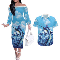 Hawaii Blue Marlin Fishing Couples Matching Off The Shoulder Long Sleeve Dress and Hawaiian Shirt LT05 Blue - Polynesian Pride