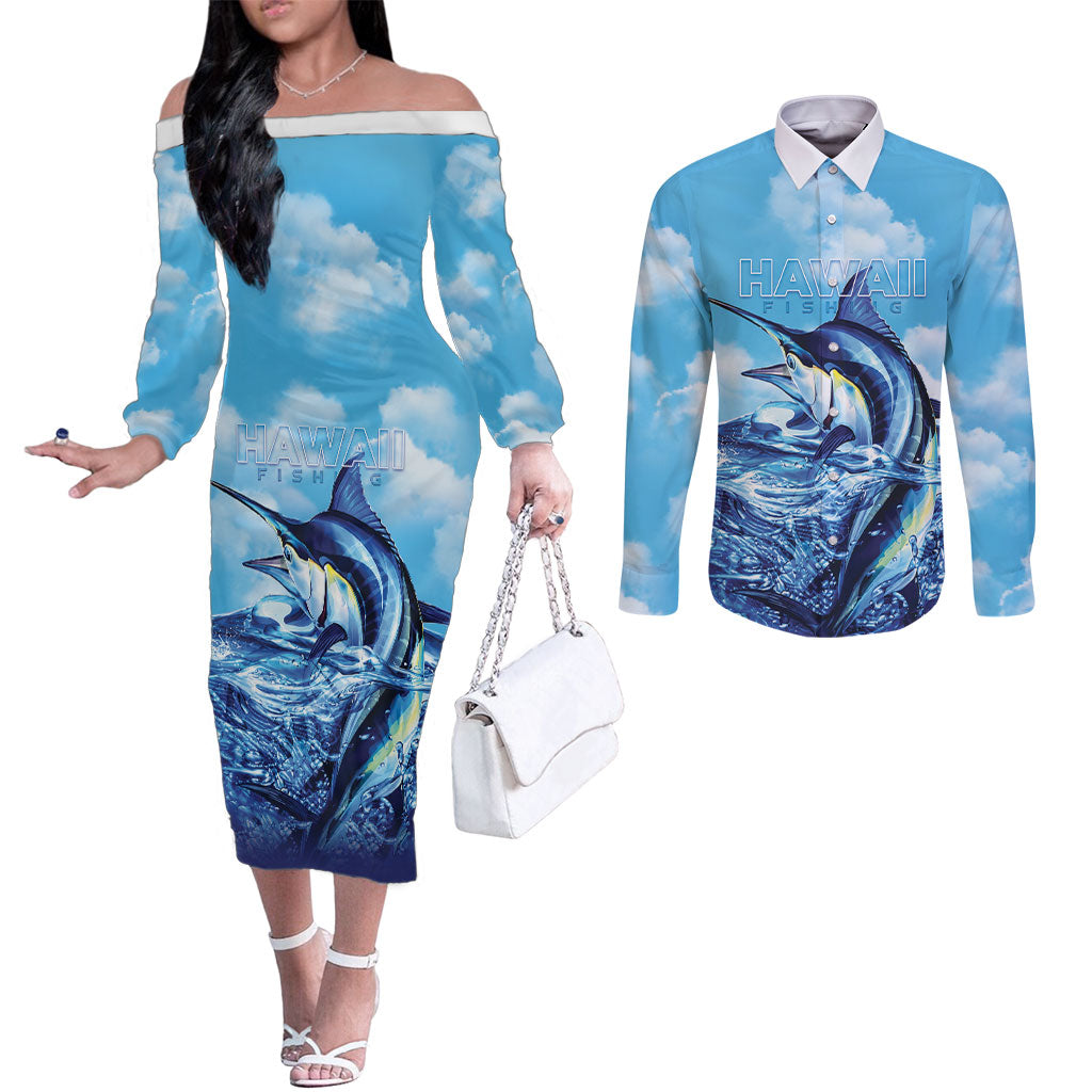 Hawaii Blue Marlin Fishing Couples Matching Off The Shoulder Long Sleeve Dress and Long Sleeve Button Shirt LT05 Blue - Polynesian Pride