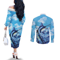 Hawaii Blue Marlin Fishing Couples Matching Off The Shoulder Long Sleeve Dress and Long Sleeve Button Shirt LT05 - Polynesian Pride