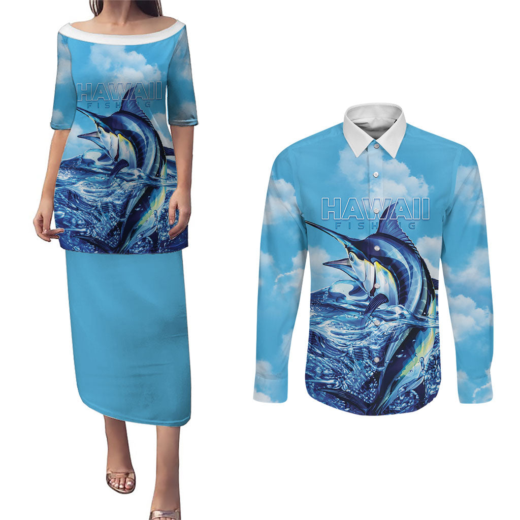 Hawaii Blue Marlin Fishing Couples Matching Puletasi and Long Sleeve Button Shirt