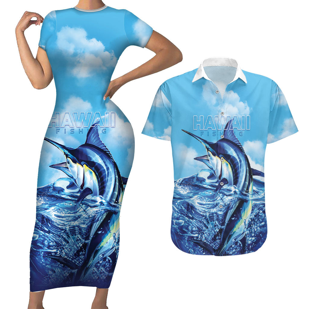 Hawaii Blue Marlin Fishing Couples Matching Short Sleeve Bodycon Dress and Hawaiian Shirt