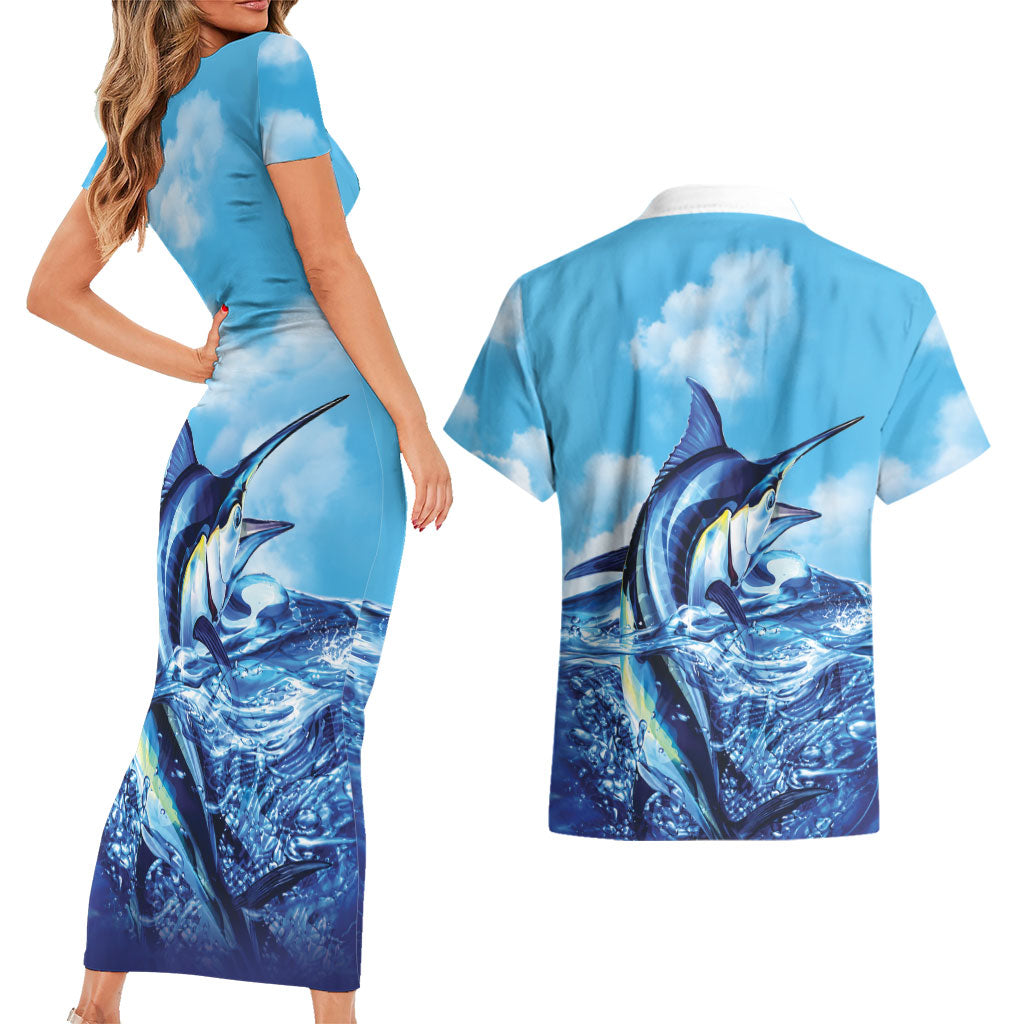 Hawaii Blue Marlin Fishing Couples Matching Short Sleeve Bodycon Dress and Hawaiian Shirt LT05 - Polynesian Pride