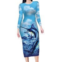 Hawaii Blue Marlin Fishing Family Matching Long Sleeve Bodycon Dress and Hawaiian Shirt LT05 Mom's Dress Blue - Polynesian Pride