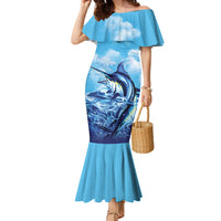 Hawaii Blue Marlin Fishing Family Matching Mermaid Dress and Hawaiian Shirt LT05 Mom's Dress Blue - Polynesian Pride