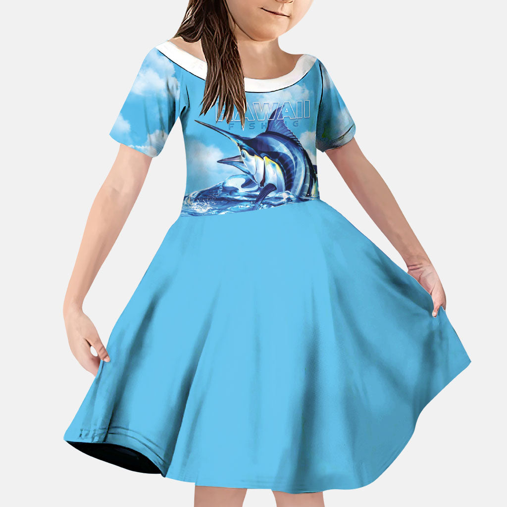 Hawaii Blue Marlin Fishing Family Matching Off The Shoulder Long Sleeve Dress and Hawaiian Shirt LT05 Daughter's Dress Blue - Polynesian Pride