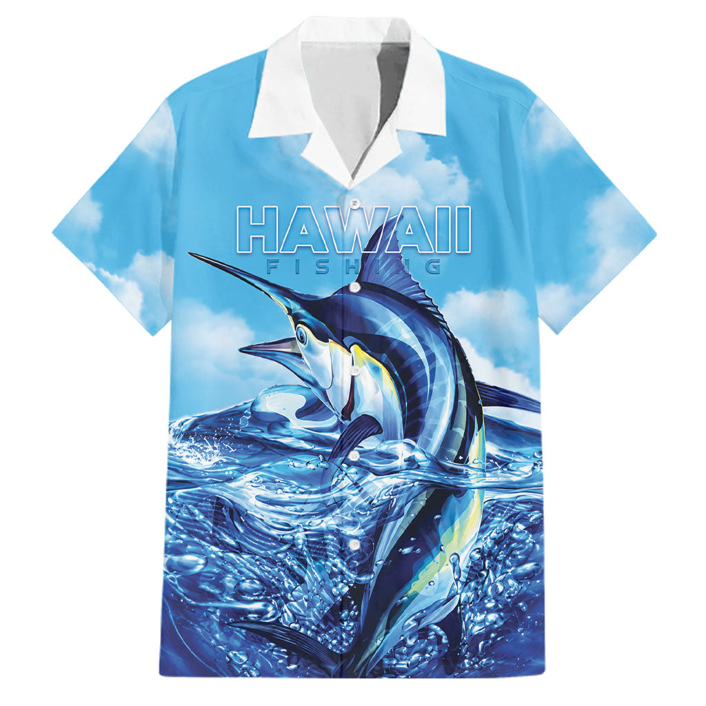 Hawaii Blue Marlin Fishing Family Matching Off The Shoulder Long Sleeve Dress and Hawaiian Shirt LT05 Dad's Shirt - Short Sleeve Blue - Polynesian Pride