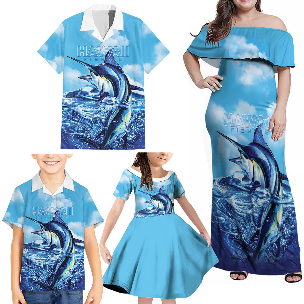 Hawaii Blue Marlin Fishing Family Matching Off Shoulder Maxi Dress and Hawaiian Shirt LT05 - Polynesian Pride