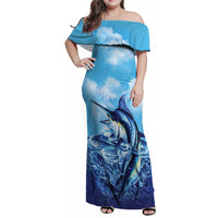 Hawaii Blue Marlin Fishing Family Matching Off Shoulder Maxi Dress and Hawaiian Shirt LT05 Mom's Dress Blue - Polynesian Pride