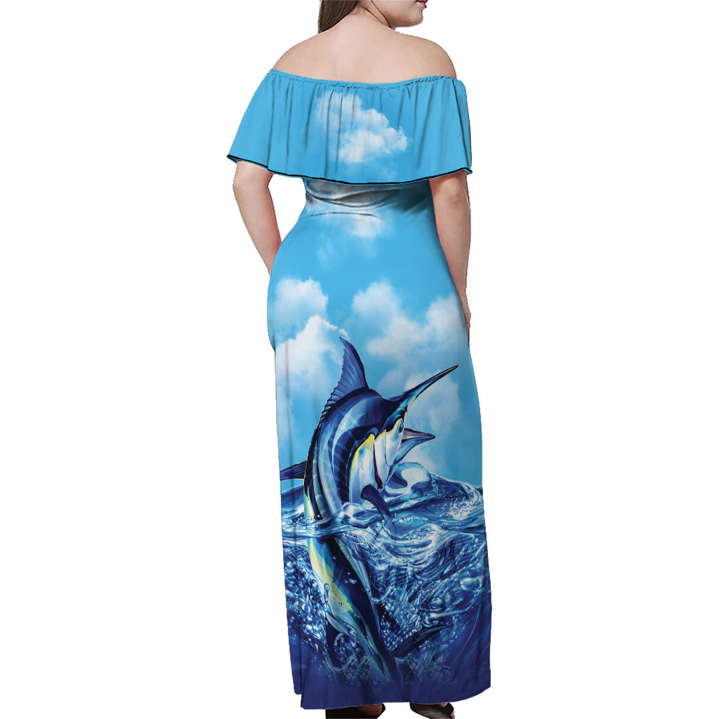 Hawaii Blue Marlin Fishing Family Matching Off Shoulder Maxi Dress and Hawaiian Shirt LT05 - Polynesian Pride