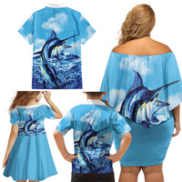 Hawaii Blue Marlin Fishing Family Matching Off Shoulder Short Dress and Hawaiian Shirt LT05 - Polynesian Pride