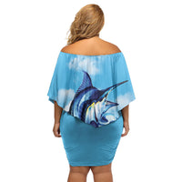 Hawaii Blue Marlin Fishing Family Matching Off Shoulder Short Dress and Hawaiian Shirt LT05 - Polynesian Pride
