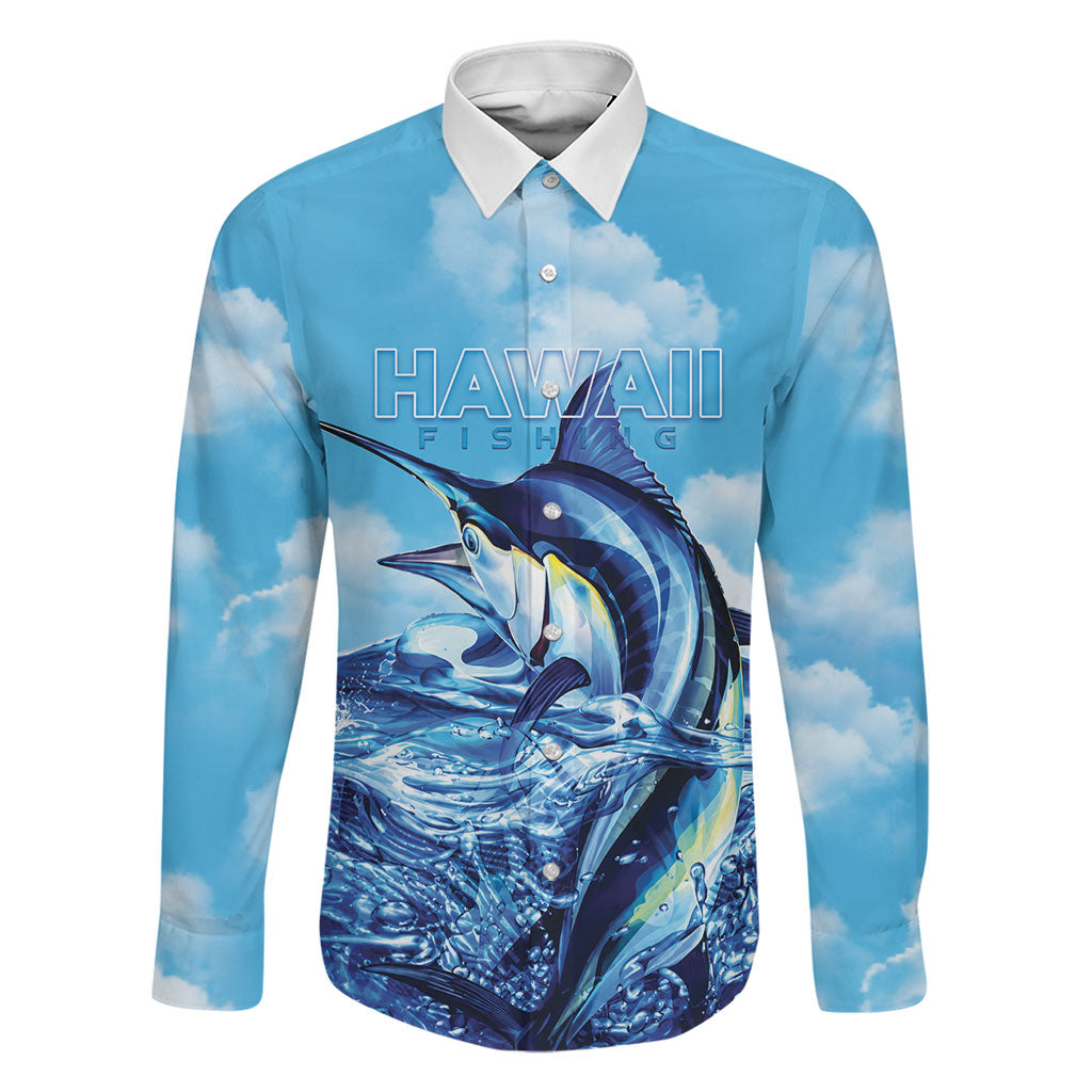 Hawaii Blue Marlin Fishing Family Matching Short Sleeve Bodycon Dress and Hawaiian Shirt LT05 Dad's Shirt - Long Sleeve Blue - Polynesian Pride