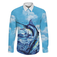 Hawaii Blue Marlin Fishing Family Matching Summer Maxi Dress and Hawaiian Shirt LT05 Dad's Shirt - Long Sleeve Blue - Polynesian Pride
