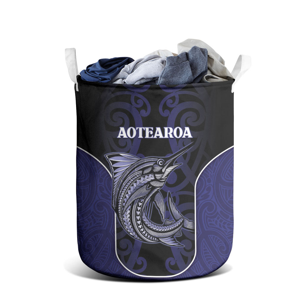 New Zealand Aotearoa Laundry Basket Blue Marlin Fishing Maori Pattern