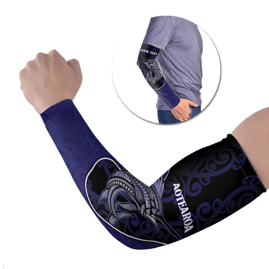 Personalised New Zealand Aotearoa Arm Sleeves Blue Marlin Fishing Maori Pattern LT05 Set of 2 Black - Polynesian Pride