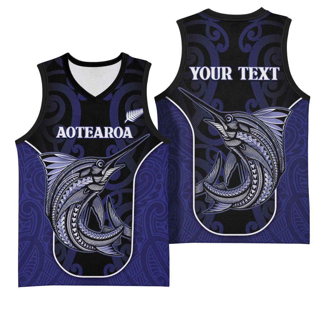 Personalised New Zealand Aotearoa Basketball Jersey Blue Marlin Fishing Maori Pattern LT05 - Polynesian Pride
