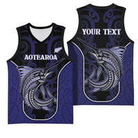 Personalised New Zealand Aotearoa Basketball Jersey Blue Marlin Fishing Maori Pattern LT05 - Polynesian Pride