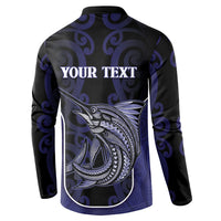 Personalised New Zealand Aotearoa Button Sweatshirt Blue Marlin Fishing Maori Pattern
